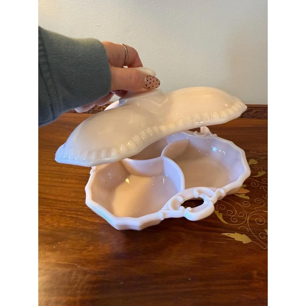 Vintage Pink Milk Glass Lidded‎ Divided Dish – Opaline Vanity or Candy Dish
